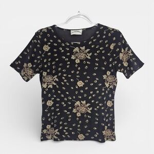 Frazier Lawrence Womens Sm Petite Black Floral Rose Print Short Sleeve Knit Top